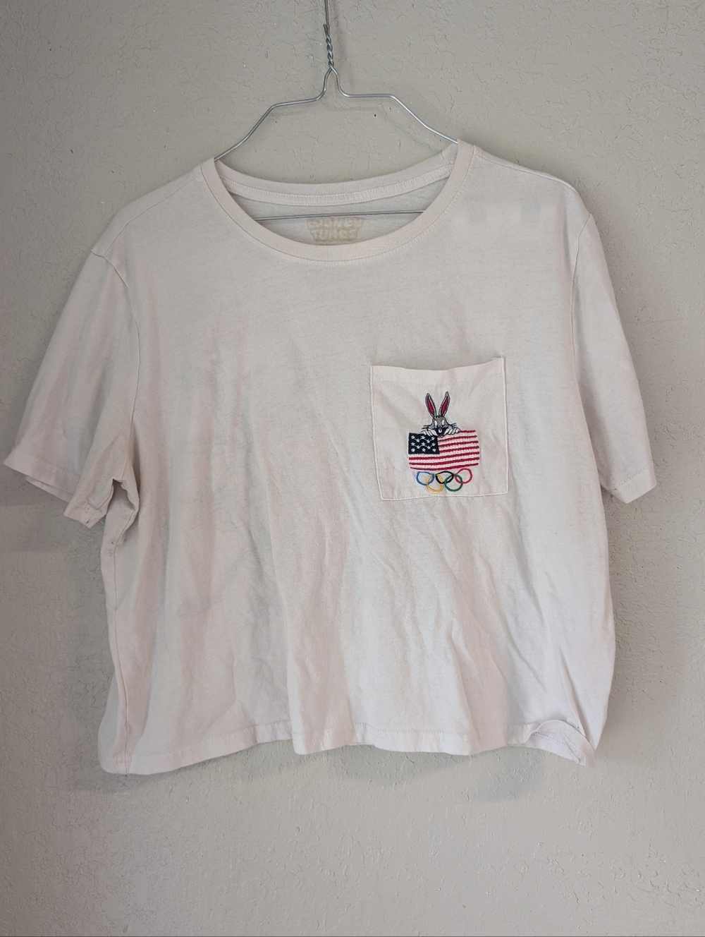 Looney Tunes Team USA T Shirt L Boxy Pocket Americana Embroidery Crop Olympics